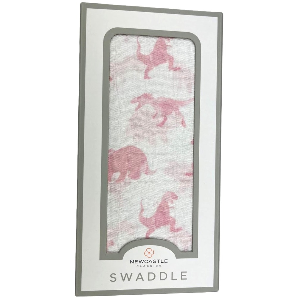 Pink Dinosaur Baby Girl Bamboo Muslin Swaddle Blanket 47" White Newcastle NWT‎
